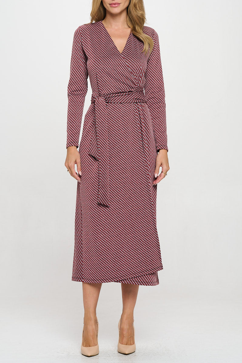 Brushed Knit Print V neck Jersey Wrap Maxi Dress with Tie-1