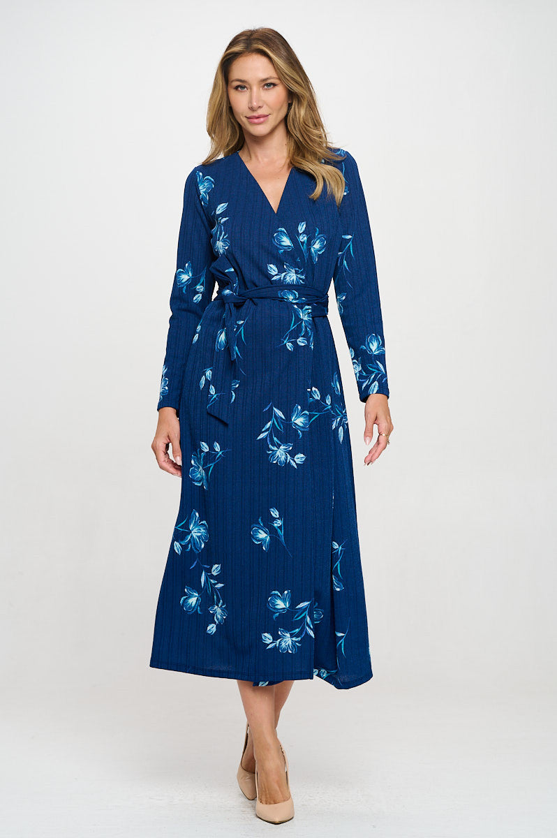 Knit Floral Print V neck Jersey Wrap Maxi Dress with Tie-4
