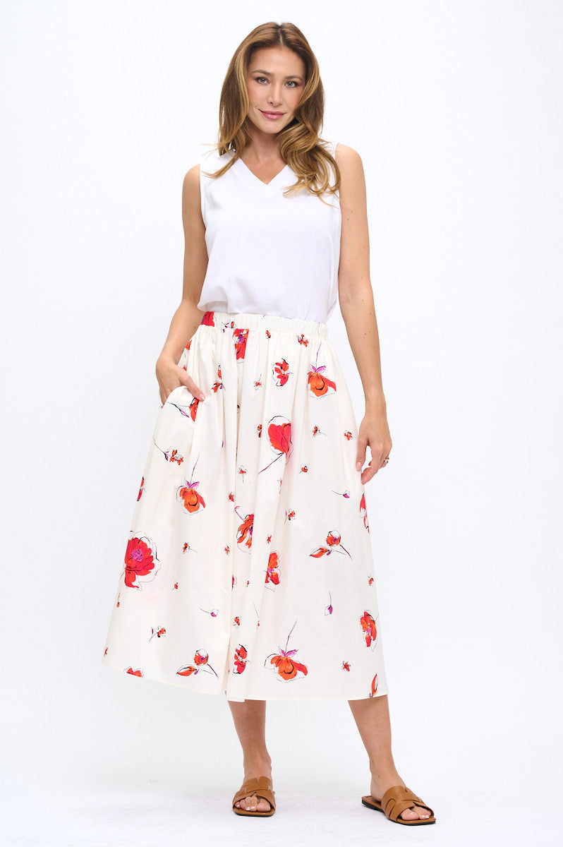 Cotton Floral Flowy Midi Skirt with Pockets-5