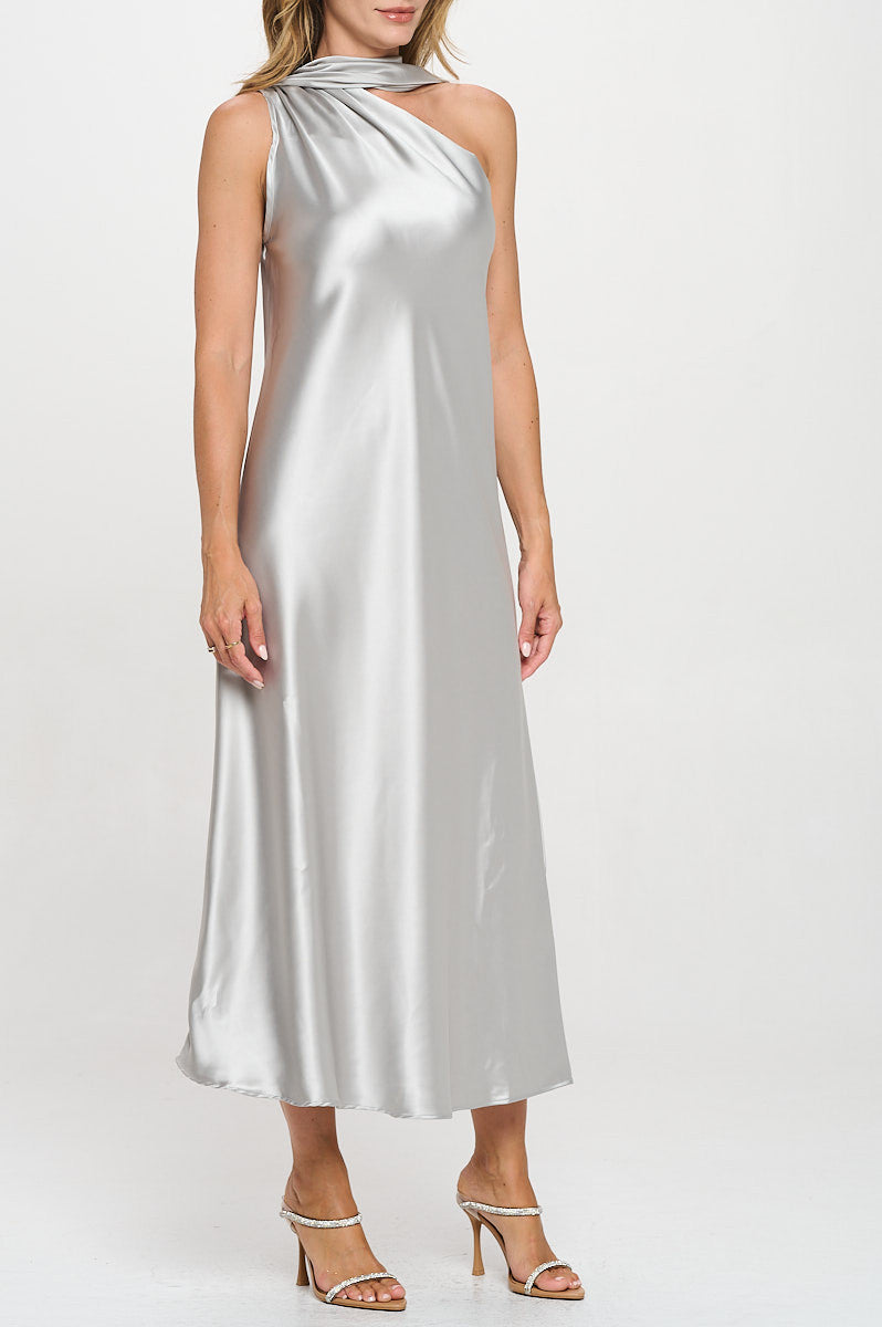 One Shoulder Satin Maxi Dress with Scarf Detail-2