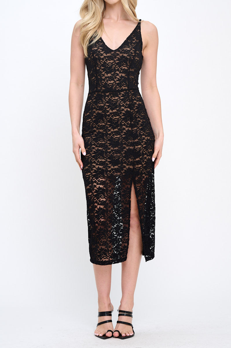 Lace Fully Lined V neck Midi Dress with Slit-1