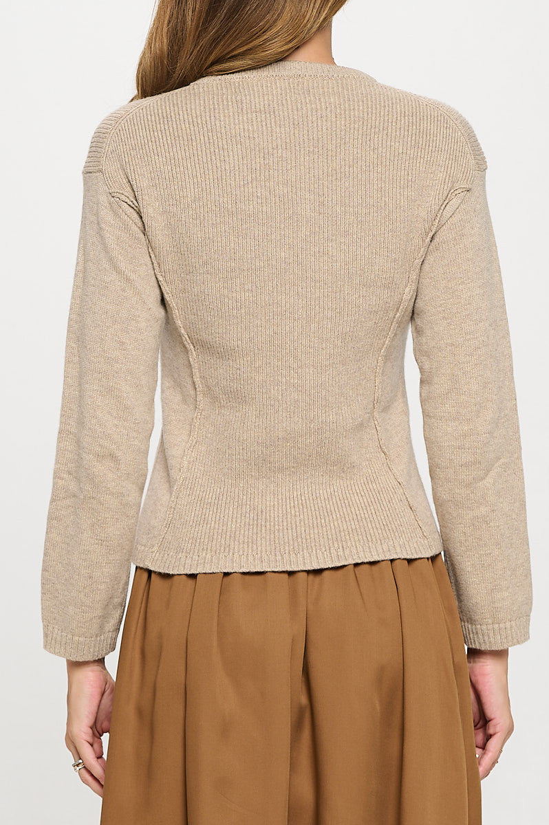 Rib Knit Solid Long Sleeve Pullover Sweater-4