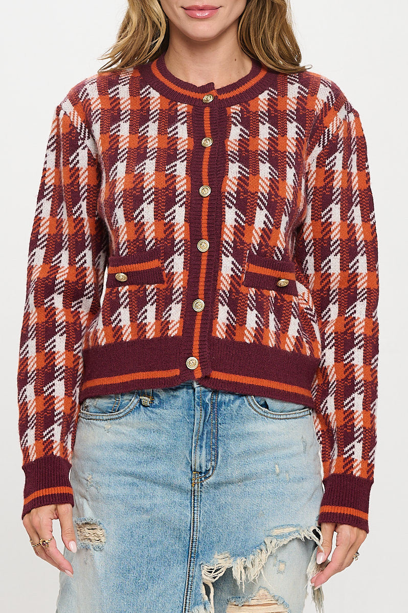 Abstract Plaid Tweed Print Long Sleeve Cardigan with Button Detail-1
