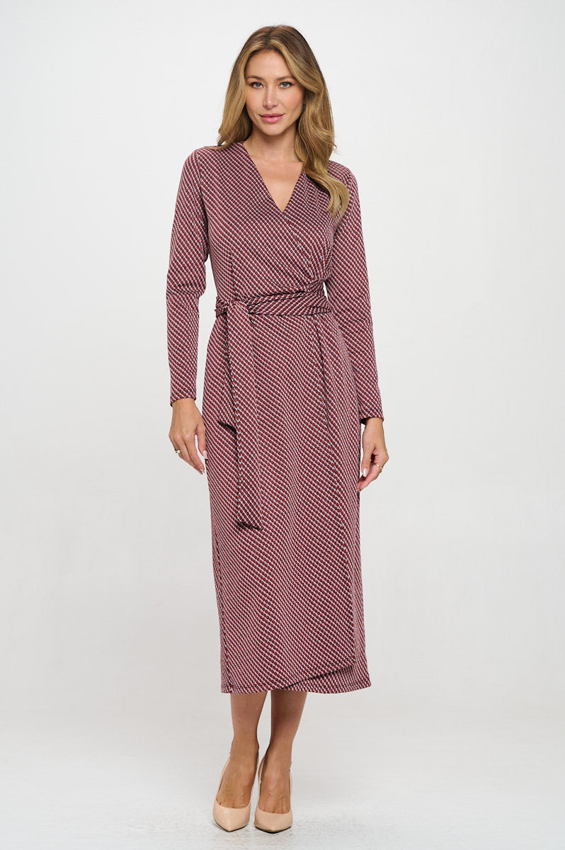 Brushed Knit Print V neck Jersey Wrap Maxi Dress with Tie-4