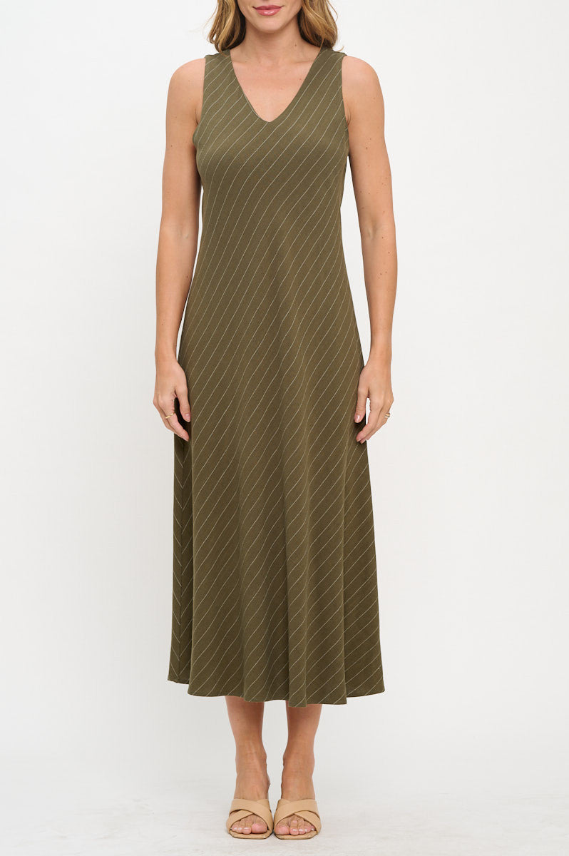 Linen Striped V neck Midi Dress-1