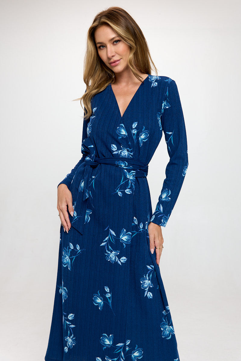 Knit Floral Print V neck Jersey Wrap Maxi Dress with Tie-0