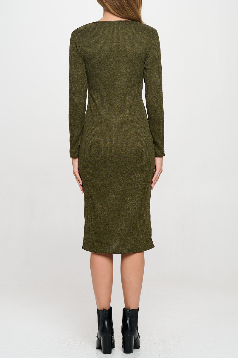 Rib Knit Round neck Bodycon Midi Dress with Side Slit-4