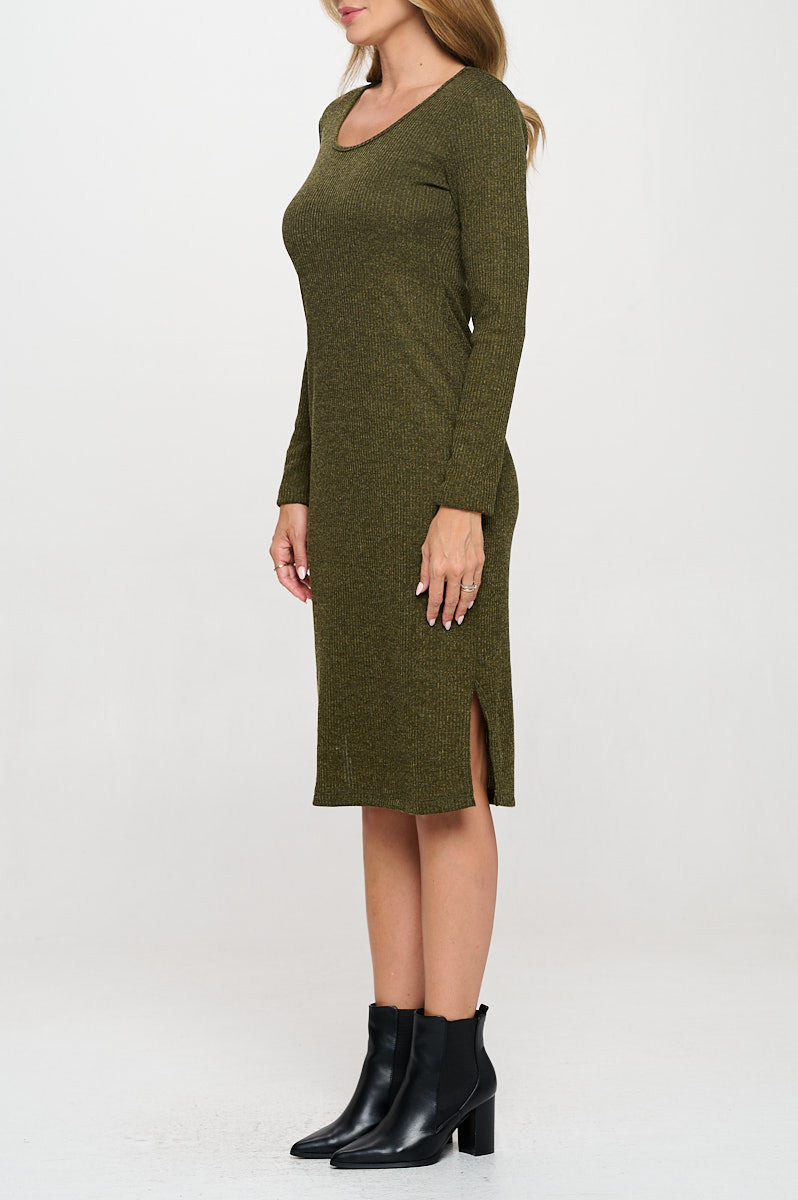Rib Knit Round neck Bodycon Midi Dress with Side Slit-3