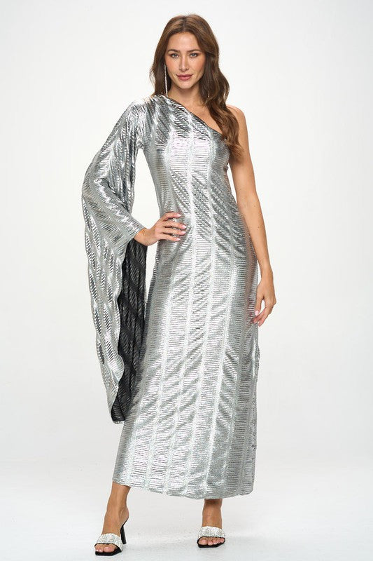 Metallic One Shoulder Bell Sleeve Maxi Dress-1