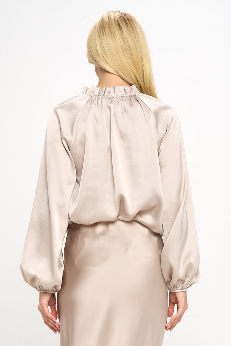 Solid Satin Ruffle Mock Neck Top-3