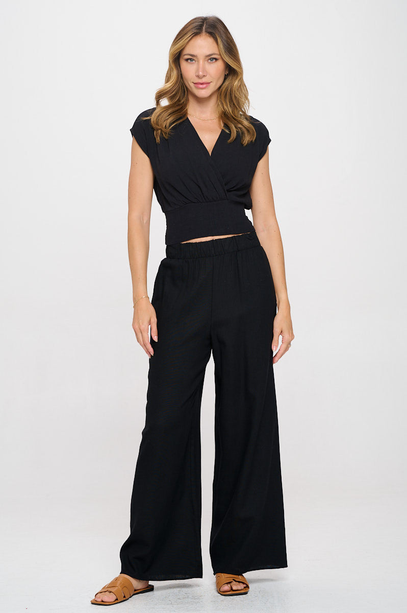 Solid Linen V neck Crop Top w Smock Back Detail-2