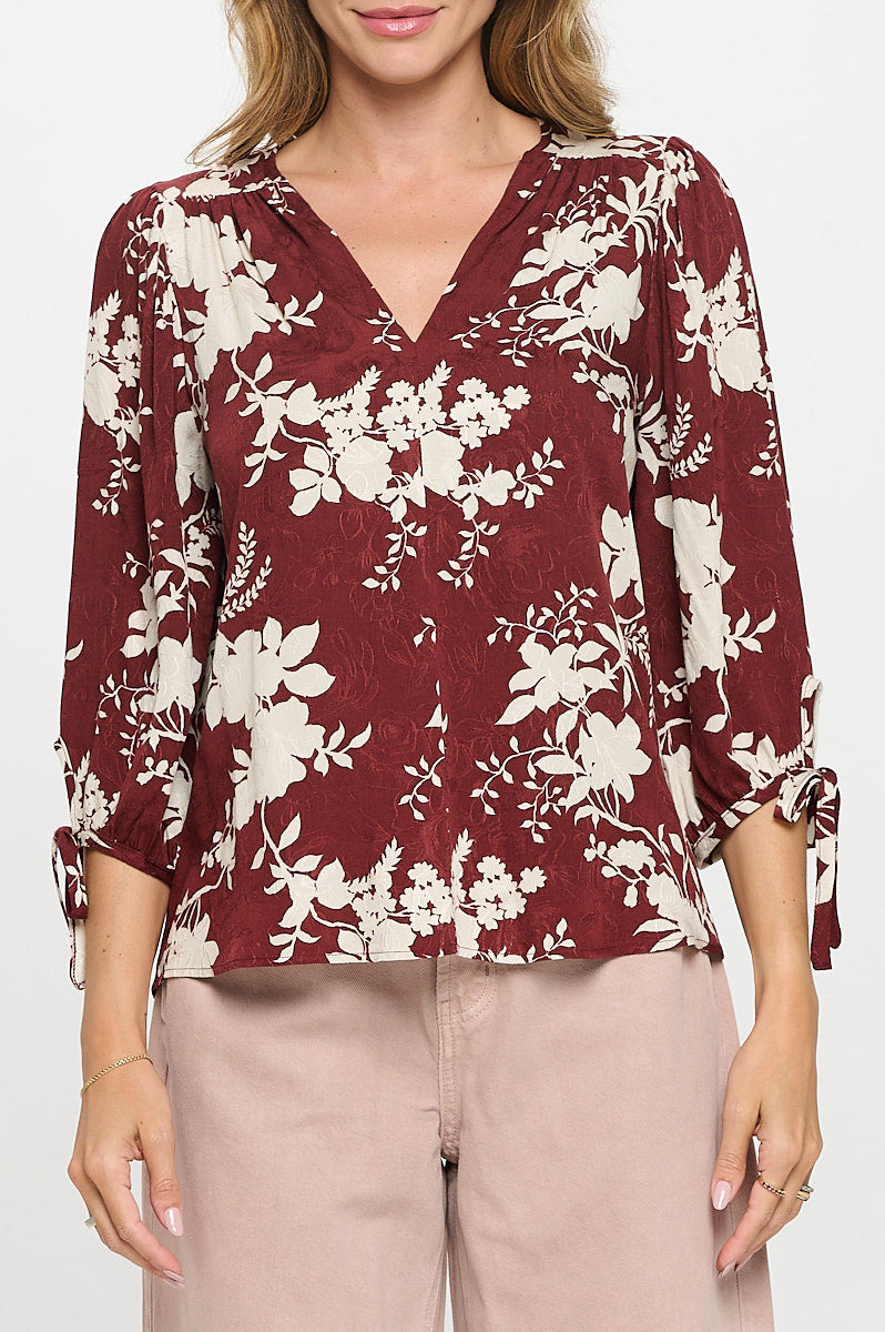Floral Print V neck Top with Tie Sleeve-1