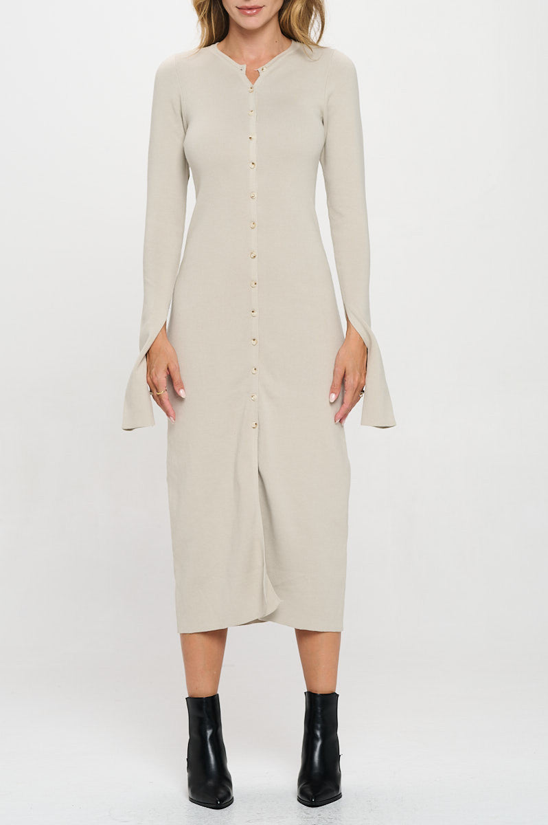 Rib Knit Maxi Dress with Buttons and Open Sleeve-1