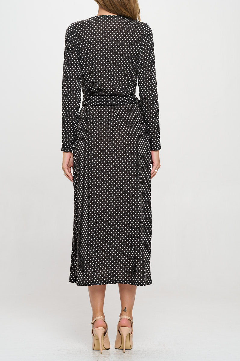 Polka Dot Sweater Knit V neck Wrap Dress-3