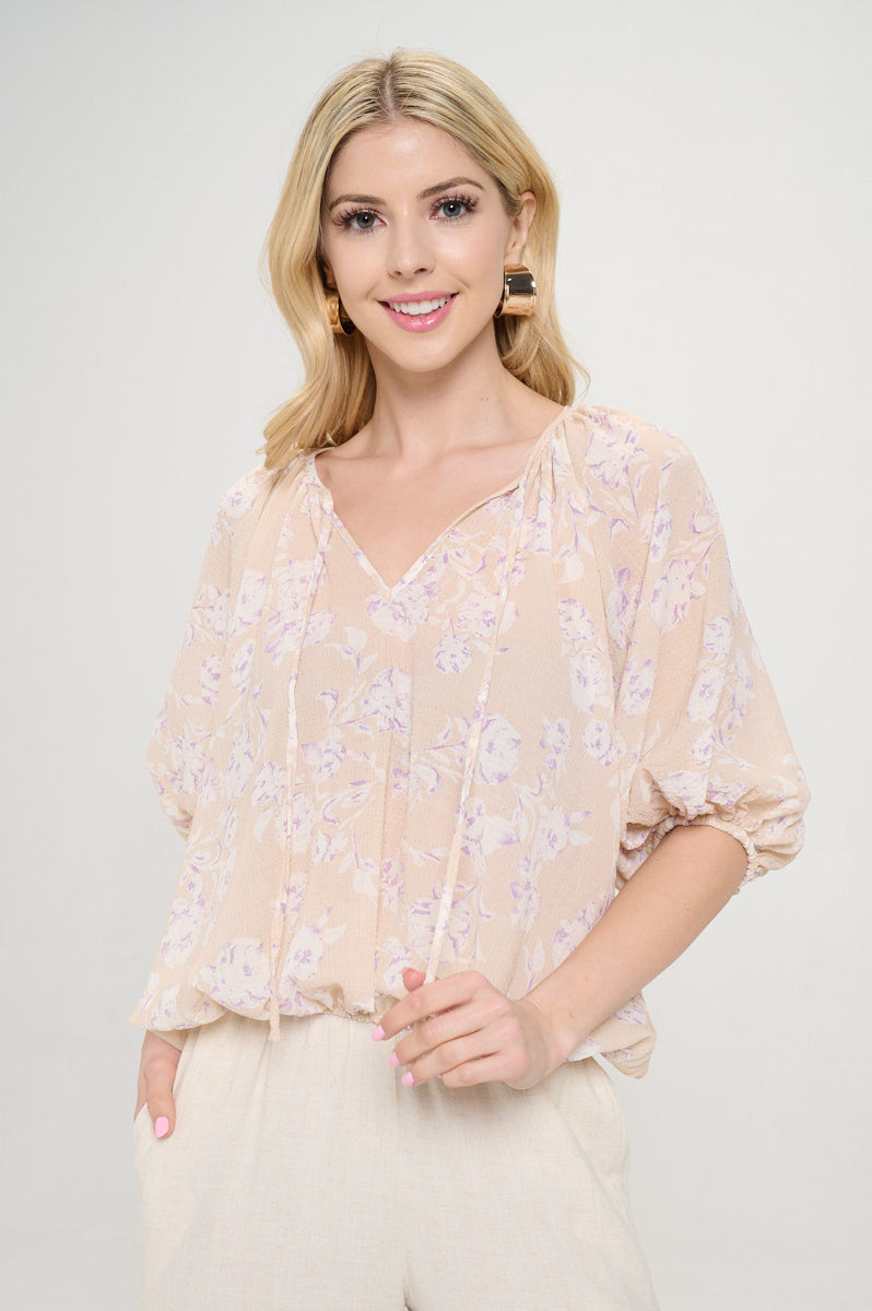 Floral Print V neck 3/4 Sleeve-0