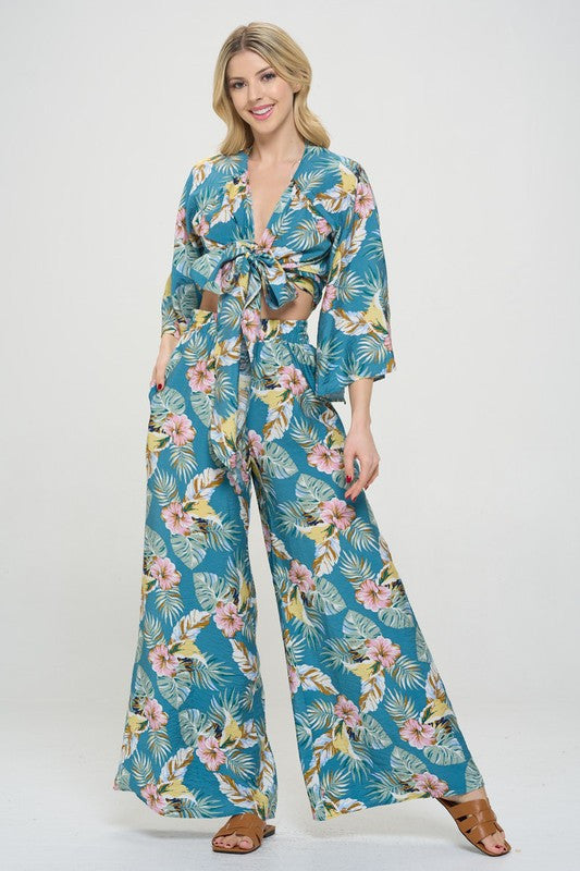 Tropical Print Wide Leg Pants with Pockets-4
