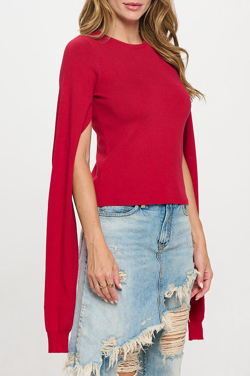 Rib Knit Round neck Sweater with Open Long Sleeve-5