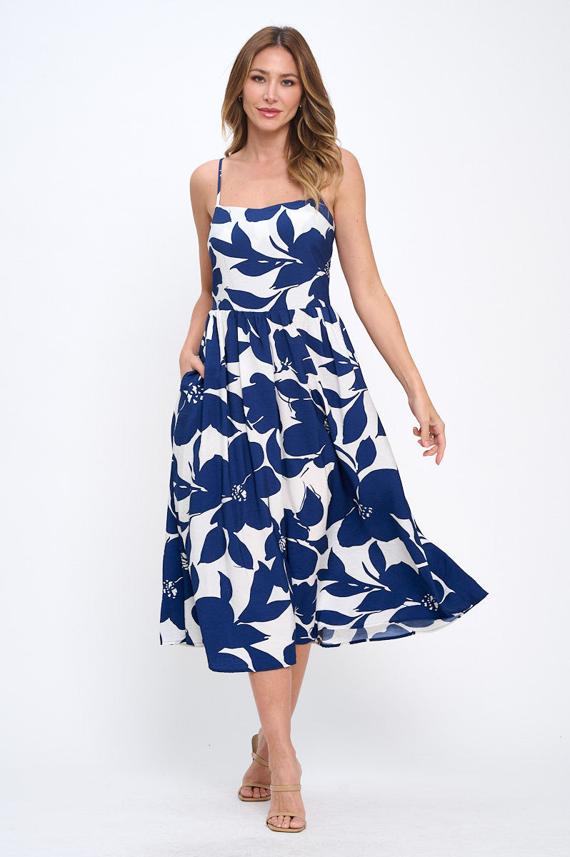 Floral Print Midi Sleeveless Dress with Pockets-4