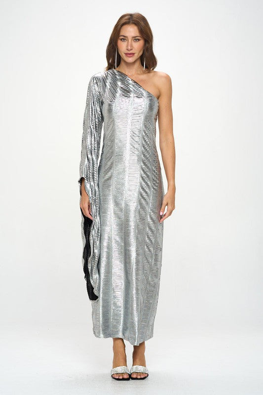 Metallic One Shoulder Bell Sleeve Maxi Dress-4