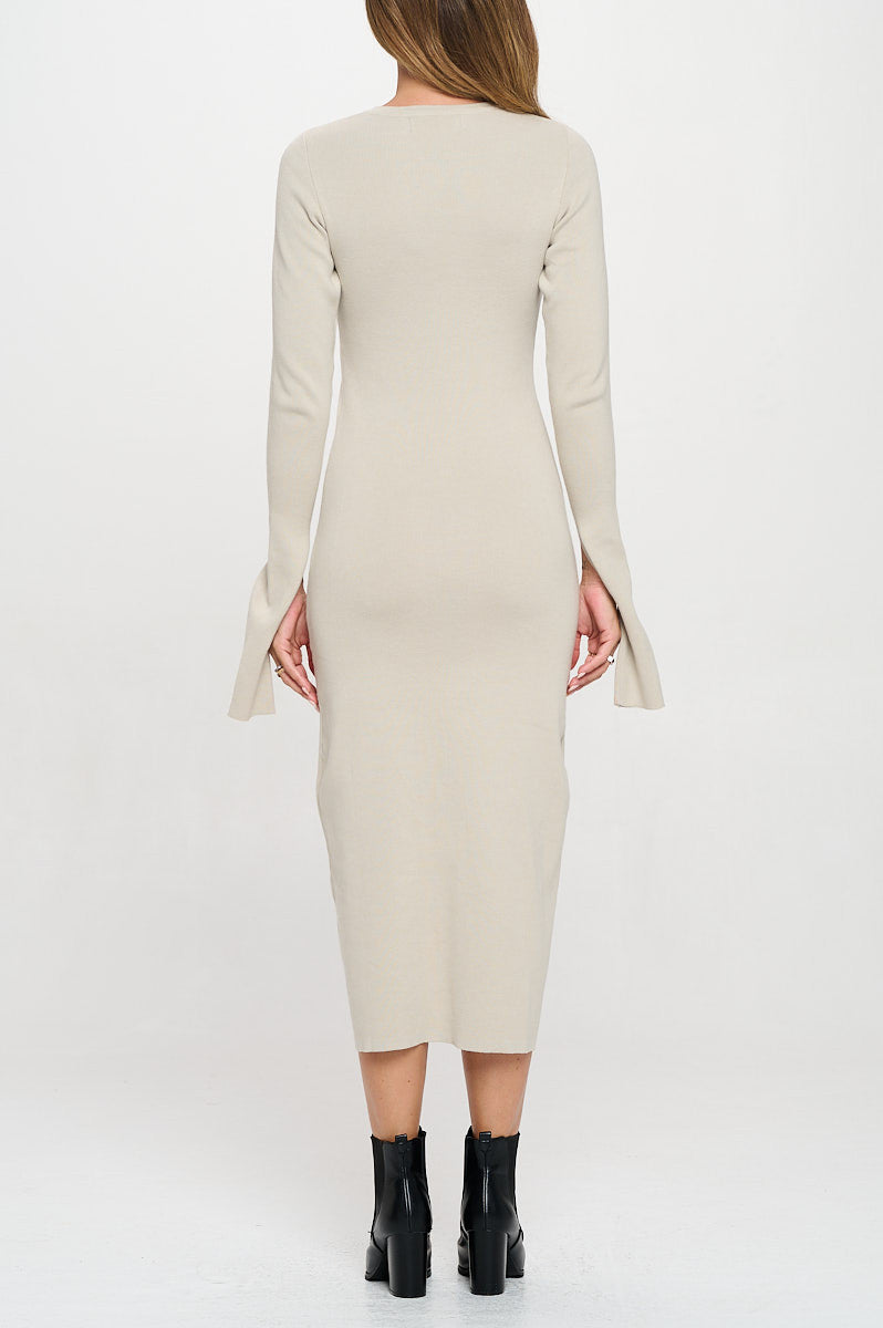 Rib Knit Maxi Dress with Buttons and Open Sleeve-4