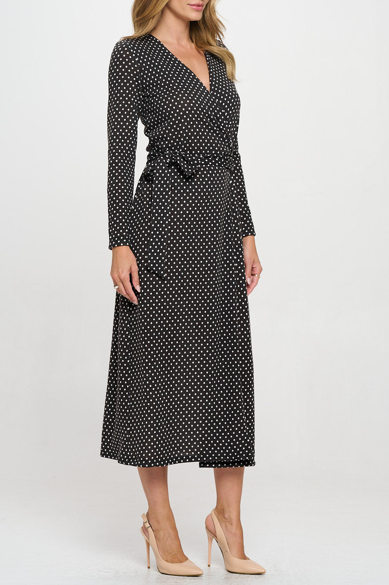 Polka Dot Sweater Knit V neck Wrap Dress-2