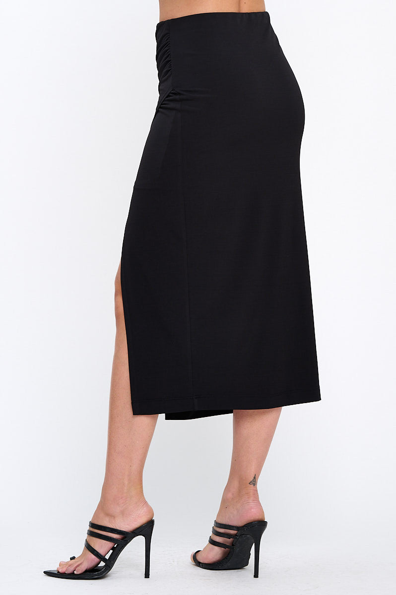 Solid Ruched Midi Skirt with Slit-2