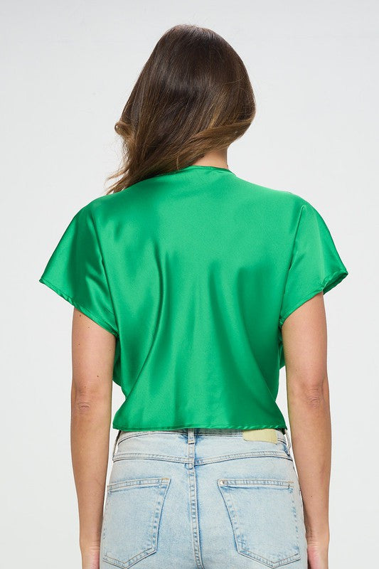 Satin Short Sleeve Top with Front Twist-3