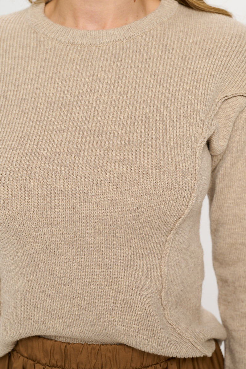 Rib Knit Solid Long Sleeve Pullover Sweater-1