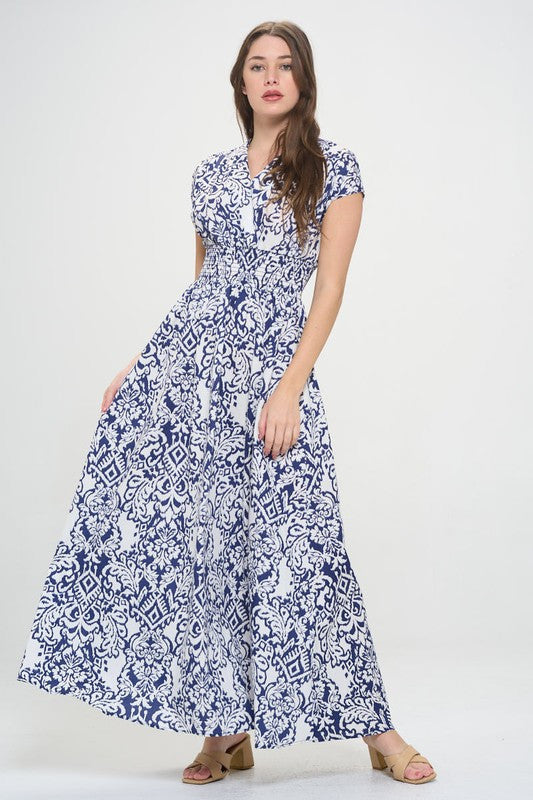 Print V neck Short Sleeve Dress w Smocked Elastic Waist-1
