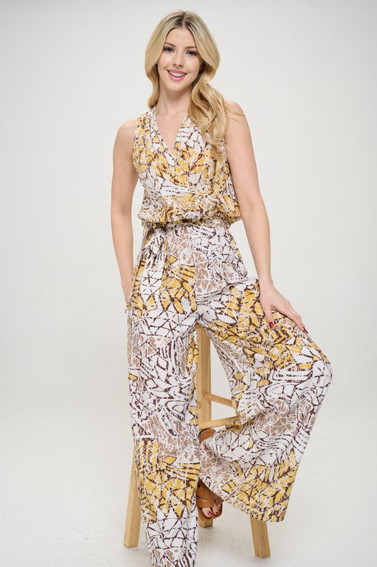 Print V neck Sleeveless Jumpsuit with Tie-4