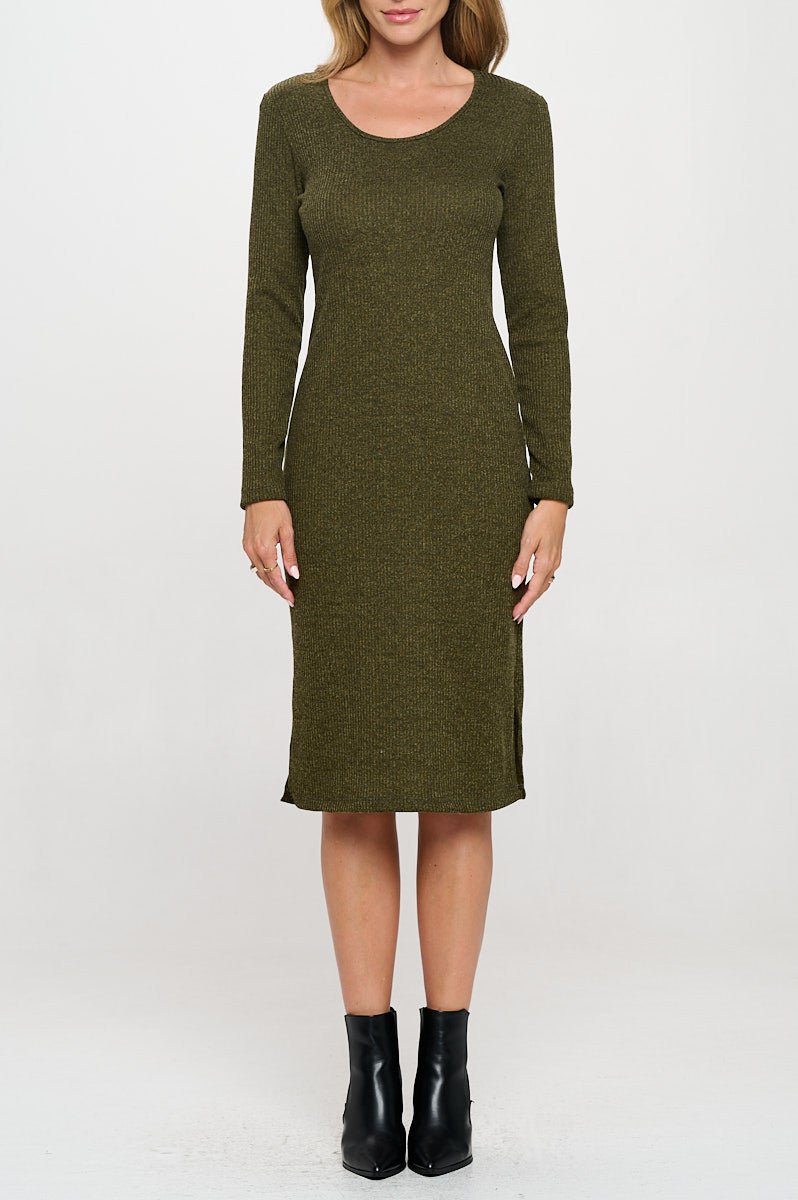 Rib Knit Round neck Bodycon Midi Dress with Side Slit-2