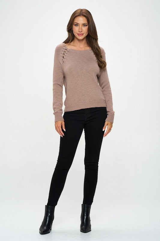 Round neck Long Sleeve Sweater with Braid Detail-3