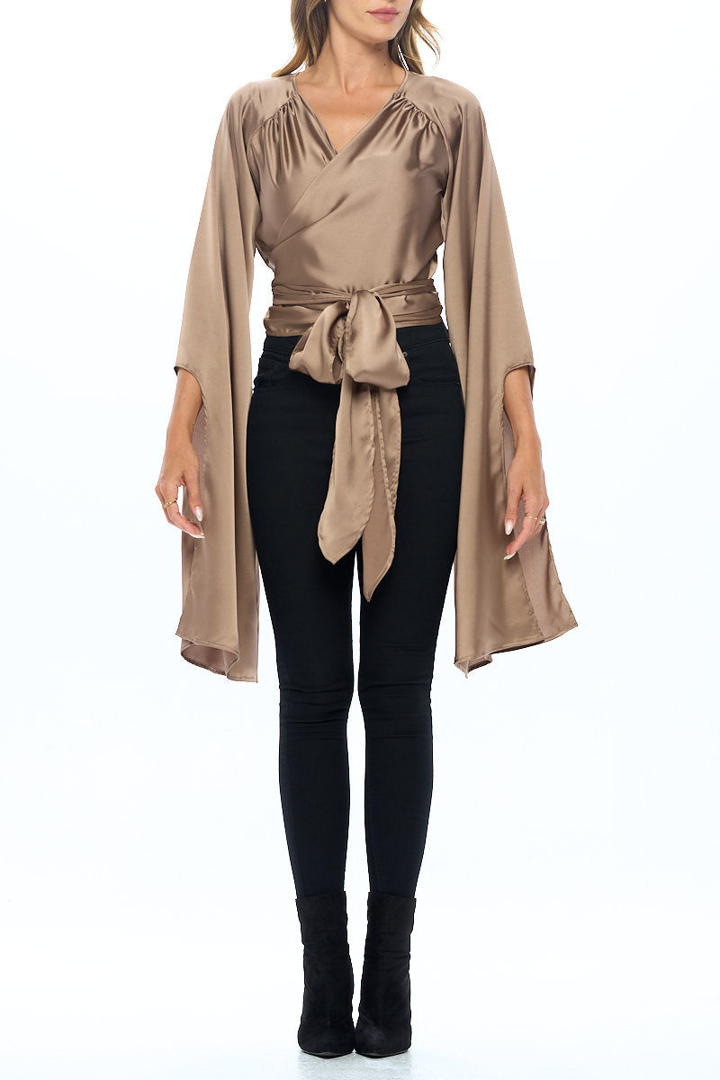 Stretch Satin Wrap Top with Exaggerated Sleeves-5