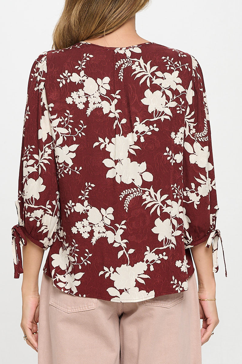 Floral Print V neck Top with Tie Sleeve-2