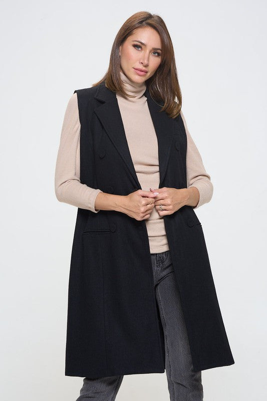 Double Breast Detail Sleeveless Coat with Collar-1