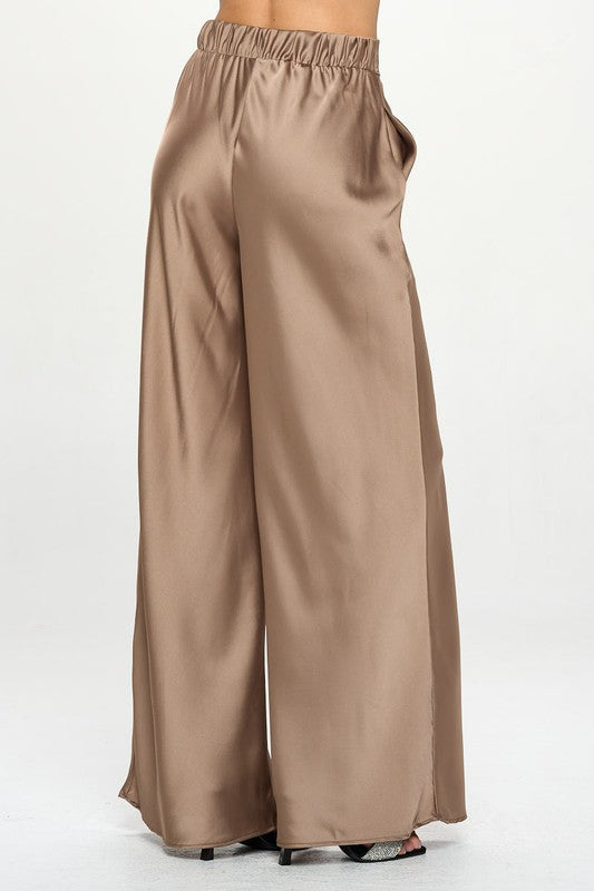 Stretch Satin Pants w/ Elastic Waist and Pockets-1