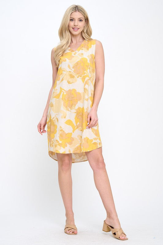 Floral Linen V neck Sleeveless Dress with Curved Hem-4