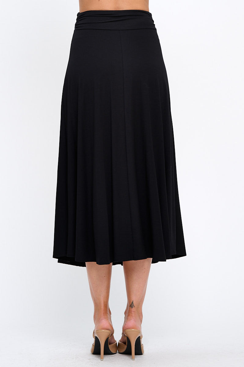Modal Solid Midi Skirt with Foldover Waistband-3