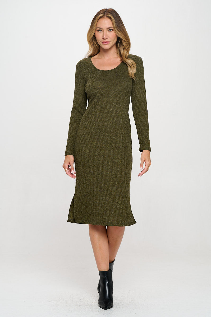 Rib Knit Round neck Bodycon Midi Dress with Side Slit-1