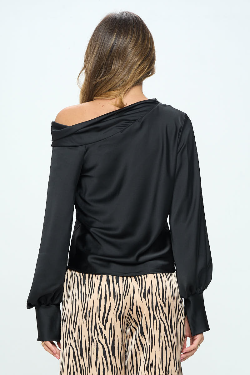 Dropped Shoulder Long Sleeve Satin Top-3