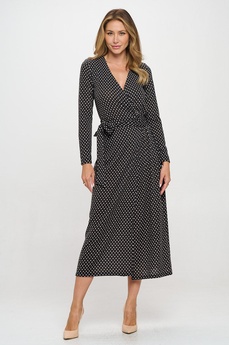 Polka Dot Sweater Knit V neck Wrap Dress-4