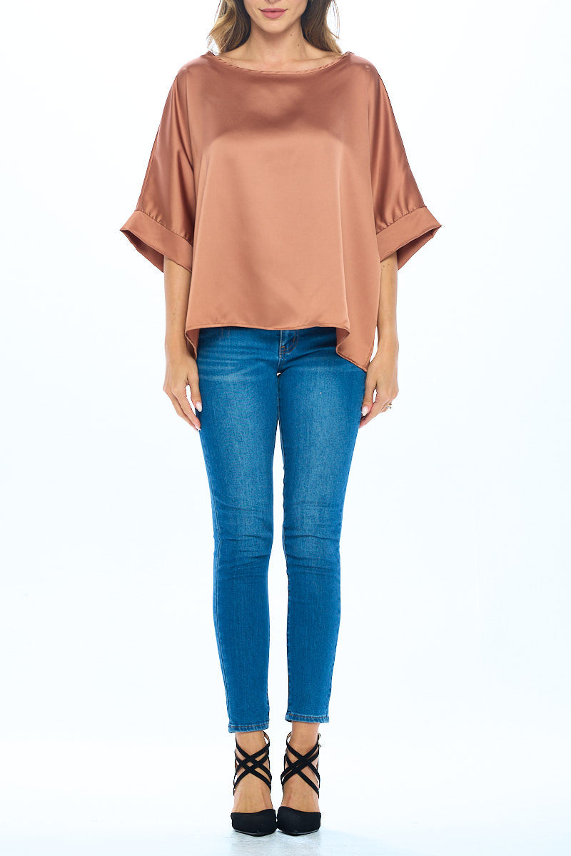 Stretch Satin Solid Round neck Oversize Top-4