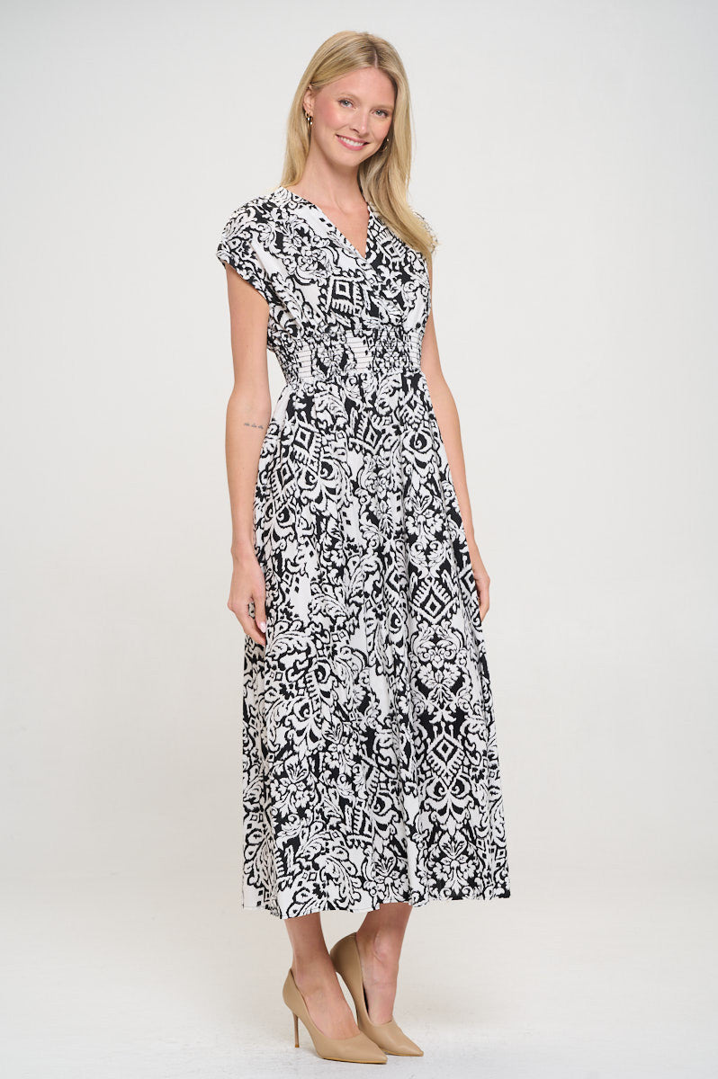 Print V neck Short Sleeve Dress w Smocked Elastic Waist-2