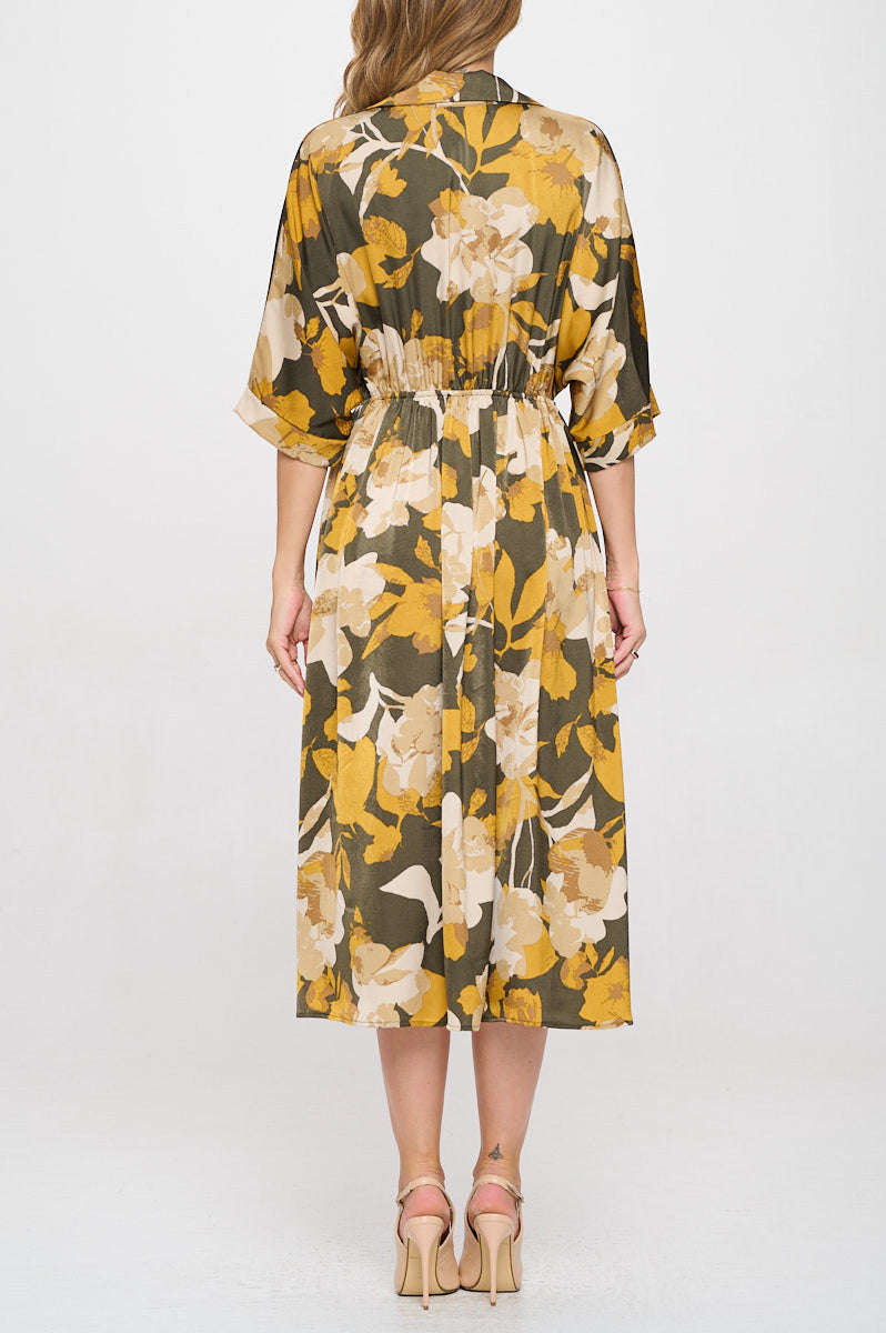 Floral Print Collared V neck Dress with Pockets-4