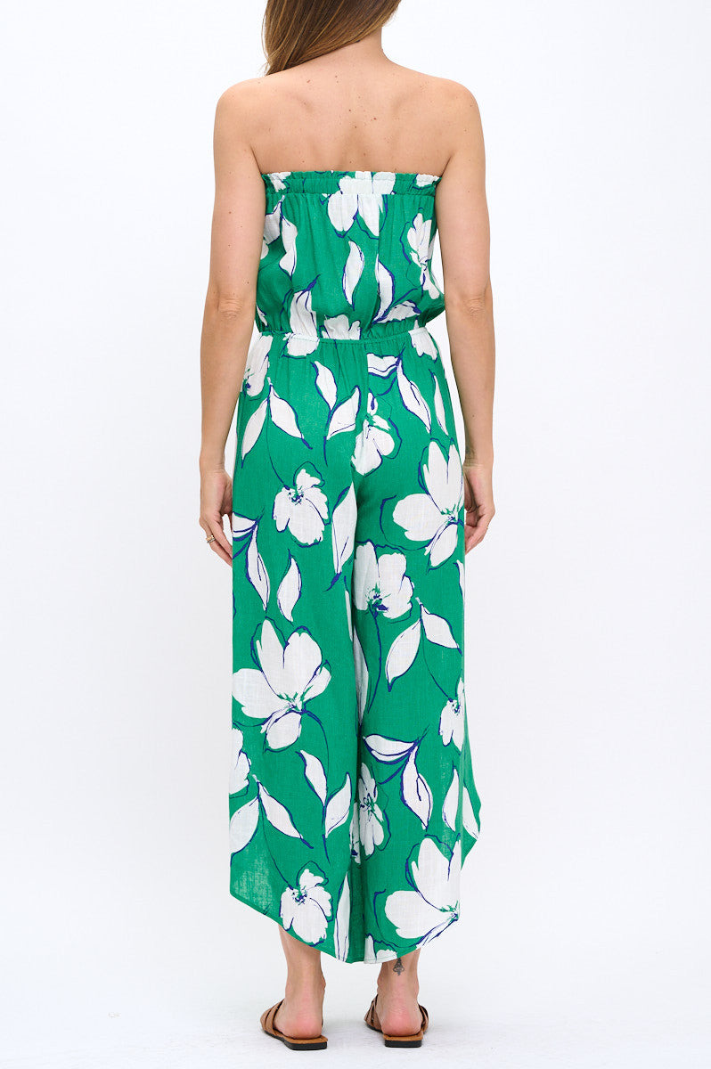 Leaf Print Strapless Jumpsuit with Split Leg Detail-3