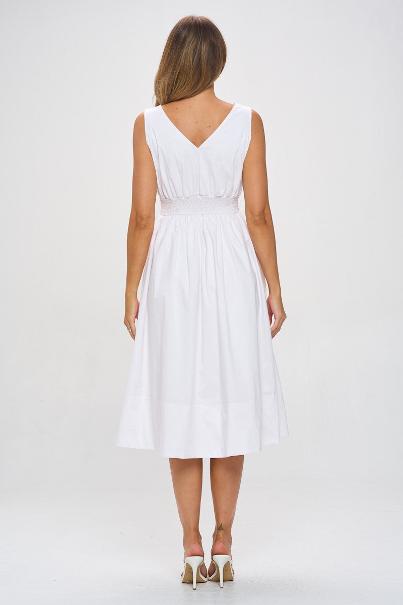 Cotton Poplin V neck Midi Dress with Pockets-4