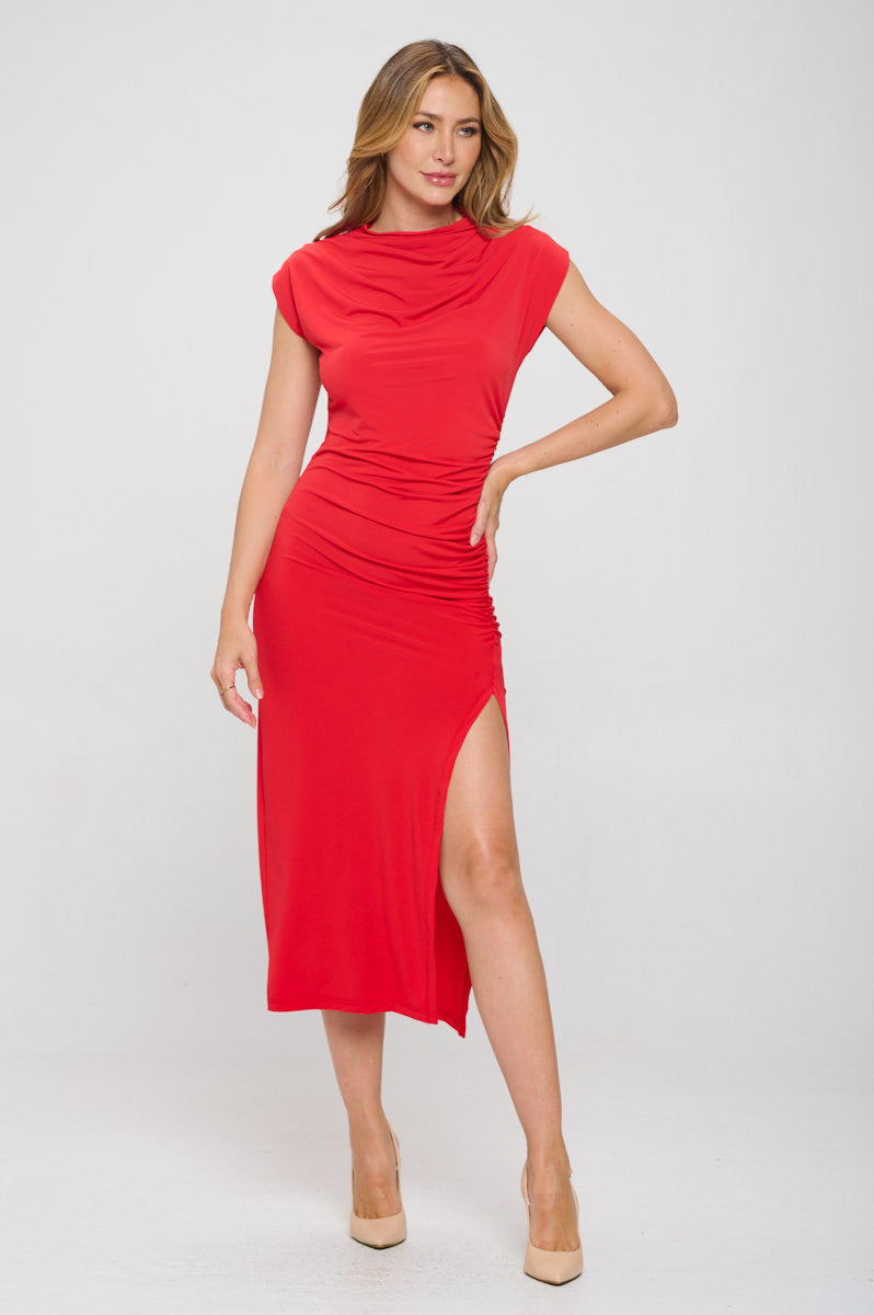 Solid Short Sleeve Ruched Dress with Slit-2