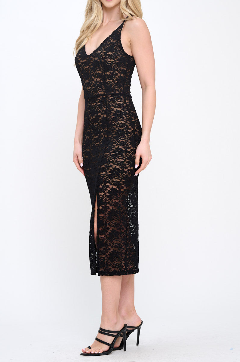 Lace Fully Lined V neck Midi Dress with Slit-2