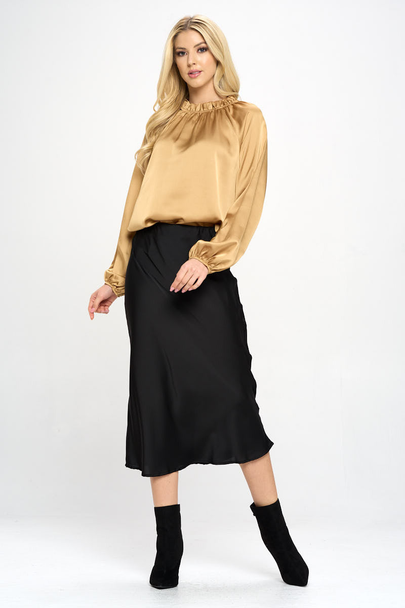 Solid Satin Ruffle Mock Neck Top-4