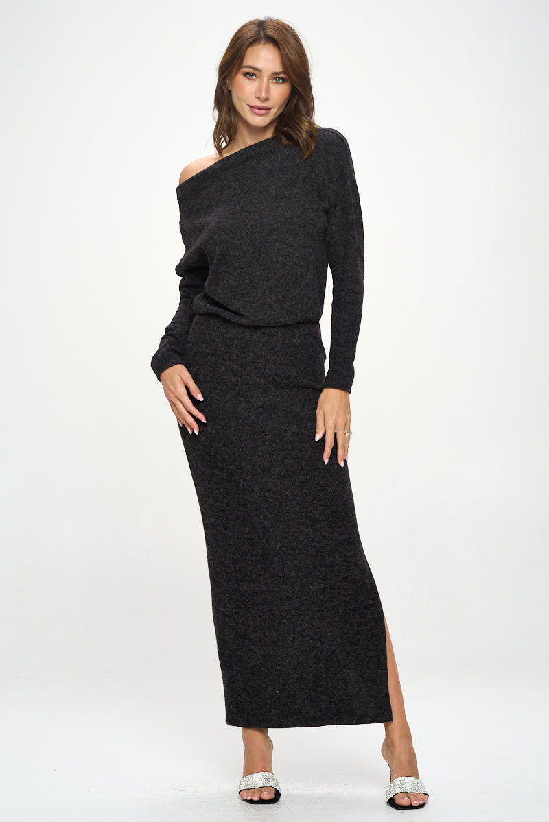 Knit Charcoal Maxi Dress with Dolman Sleeve-2